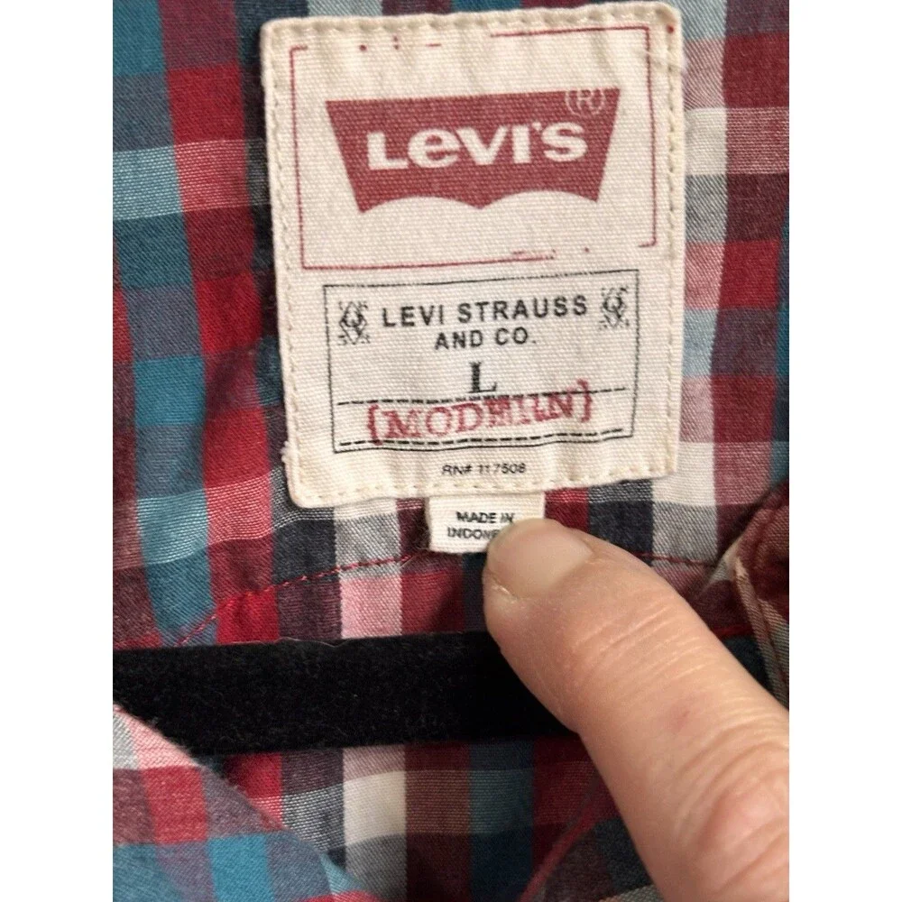 Levi’s‎ Western Pearl Snap Plaid Shirt Red Blue Mens L Y2K Cowboy Rodeo EUC